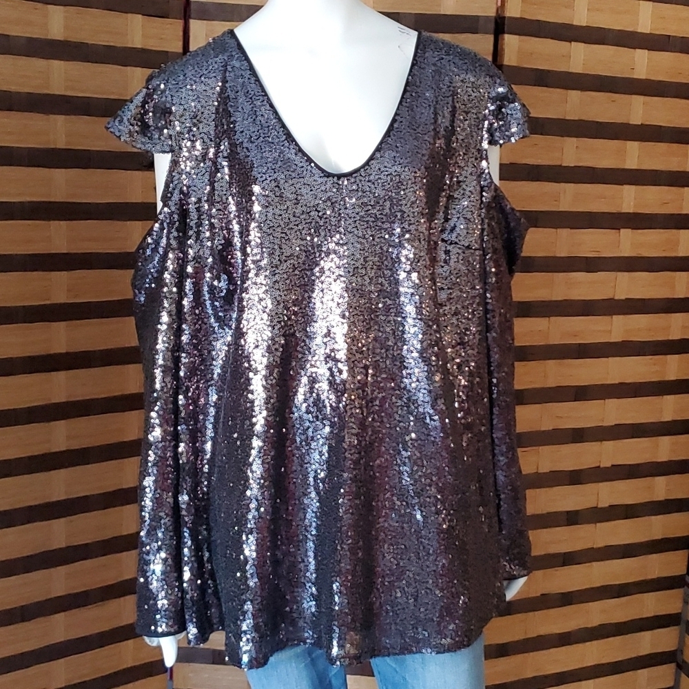 NWT!  Lane Bryant sequin cold shoulder lined top